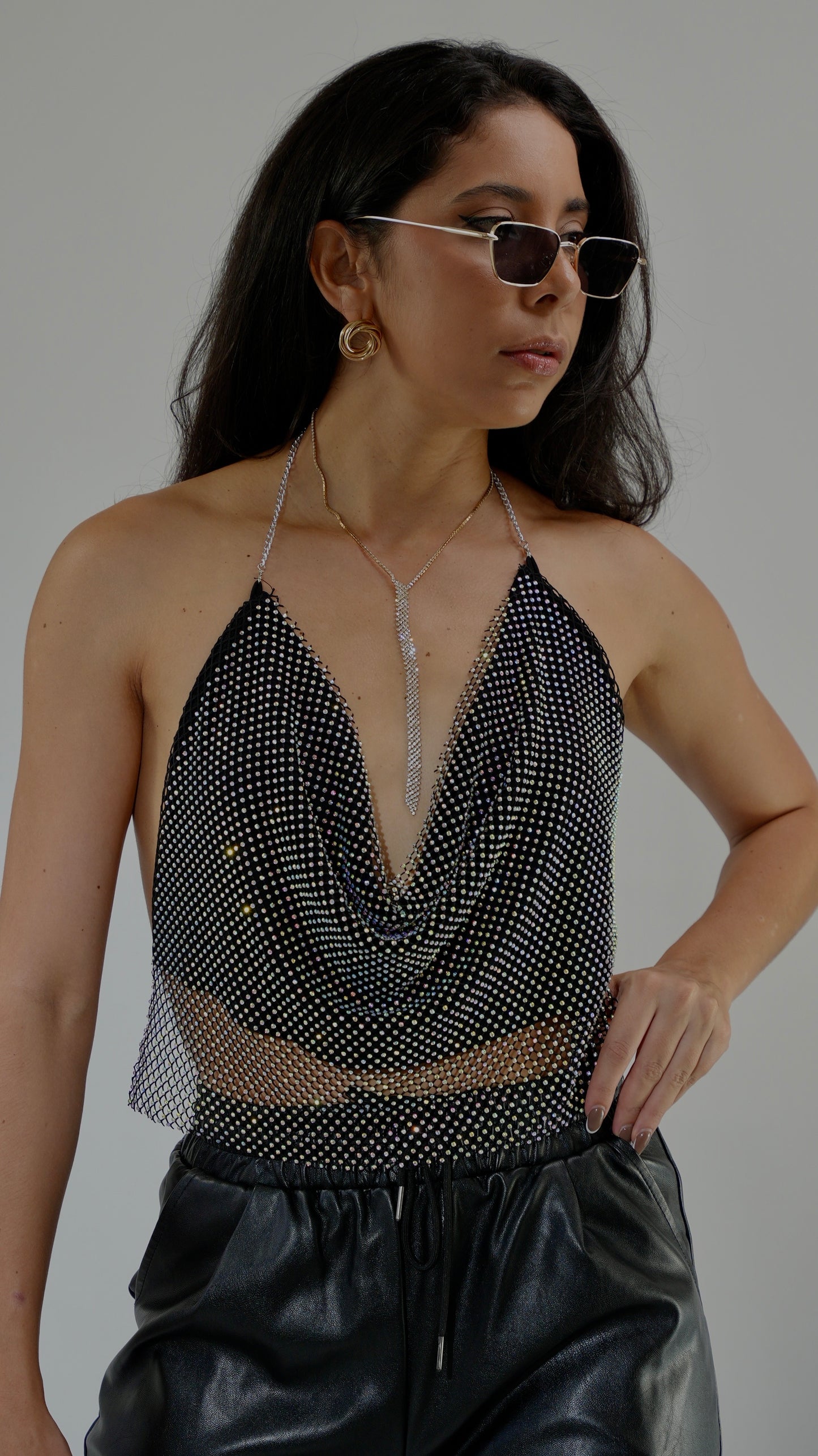 JEVA Black Rhinestone Top